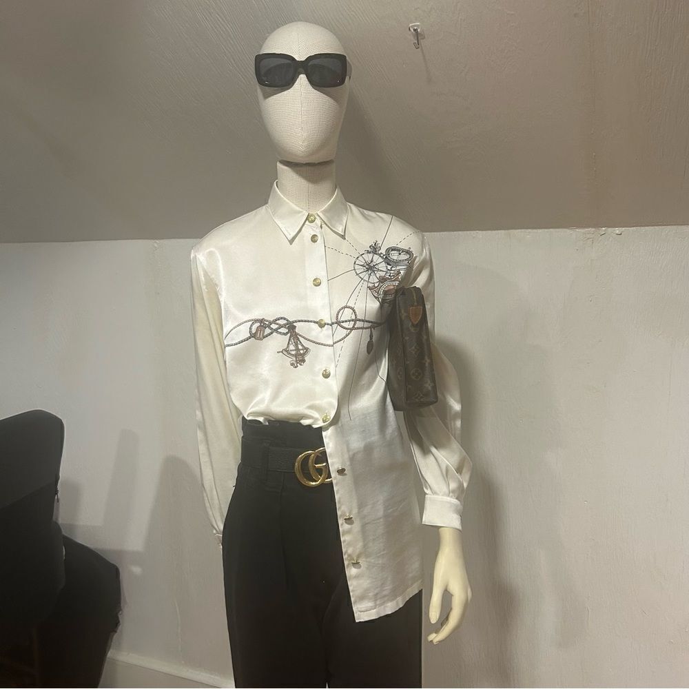 Horst Basler Vintage Shoulder Pads White Satin Blouse Chain Globe print - Picture 4 of 13